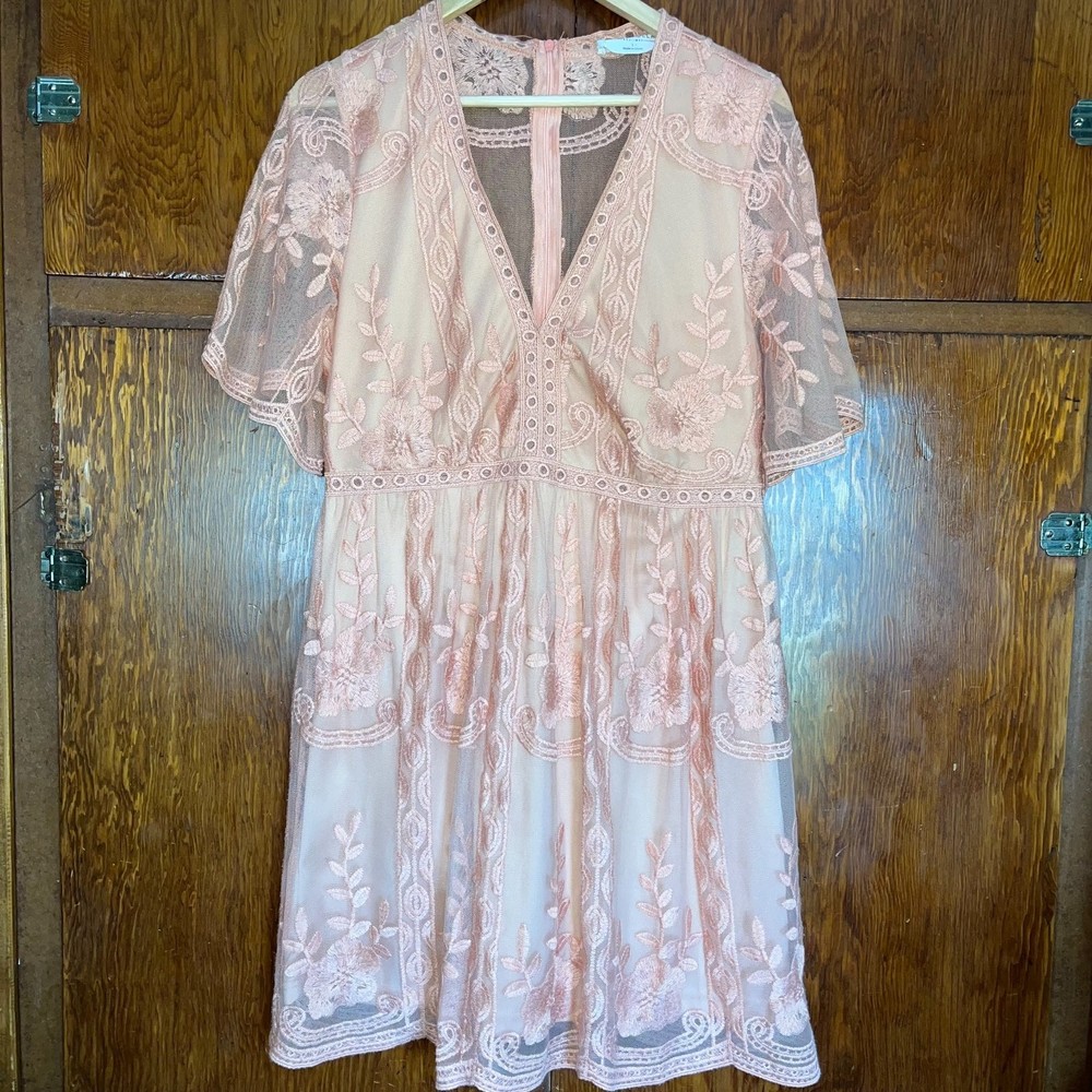 Bella Ella Boutique Boho Western Pink Lace Sheer Plunge Neck Dress Women's L